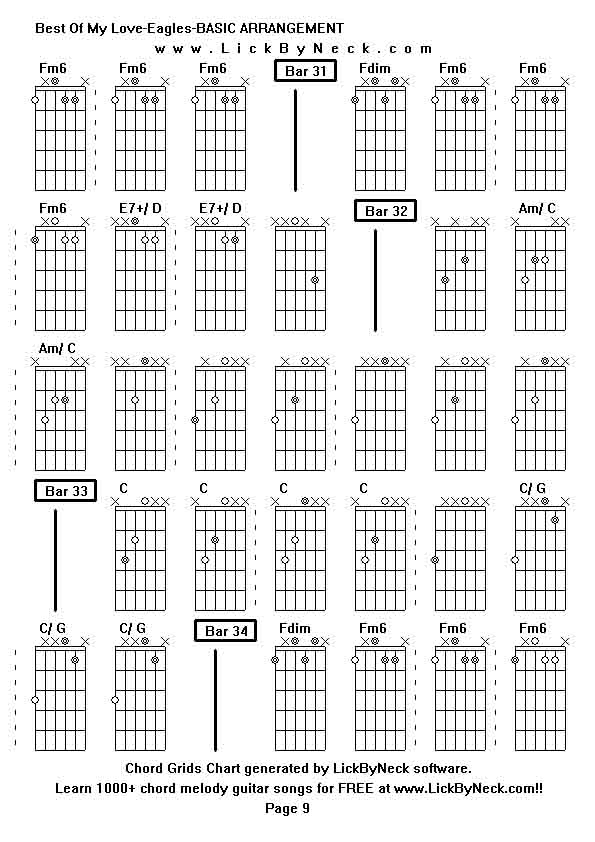 Chord Grids Chart of chord melody fingerstyle guitar song-Best Of My Love-Eagles-BASIC ARRANGEMENT,generated by LickByNeck software.